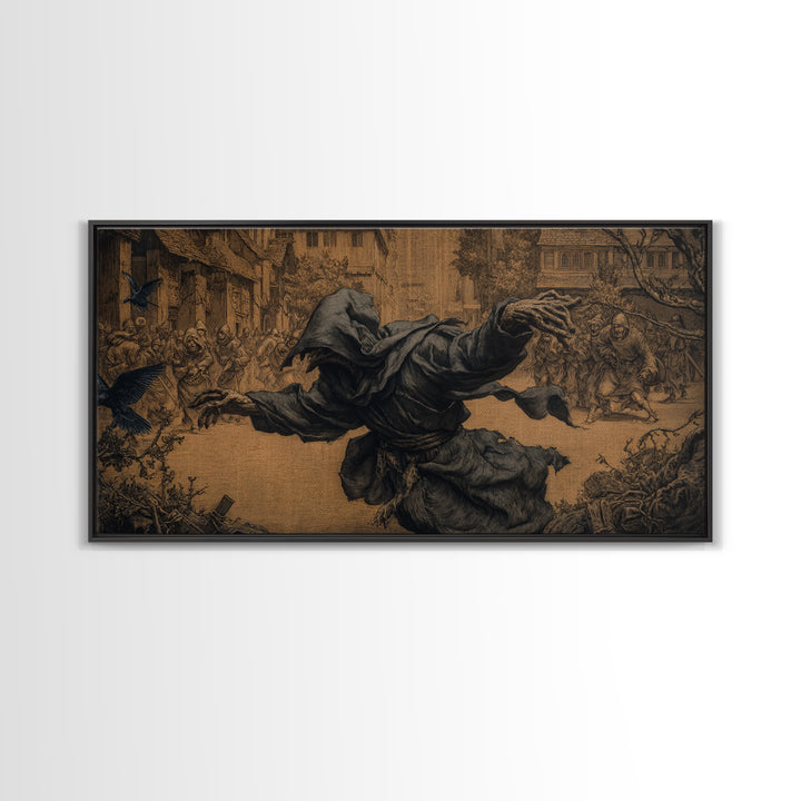 The Tattered Wraith, Northern Renaissance Horror, Wide Panoramic Art, Macabre Wall Art, Framed Canvas Print, Halloween Wall Art