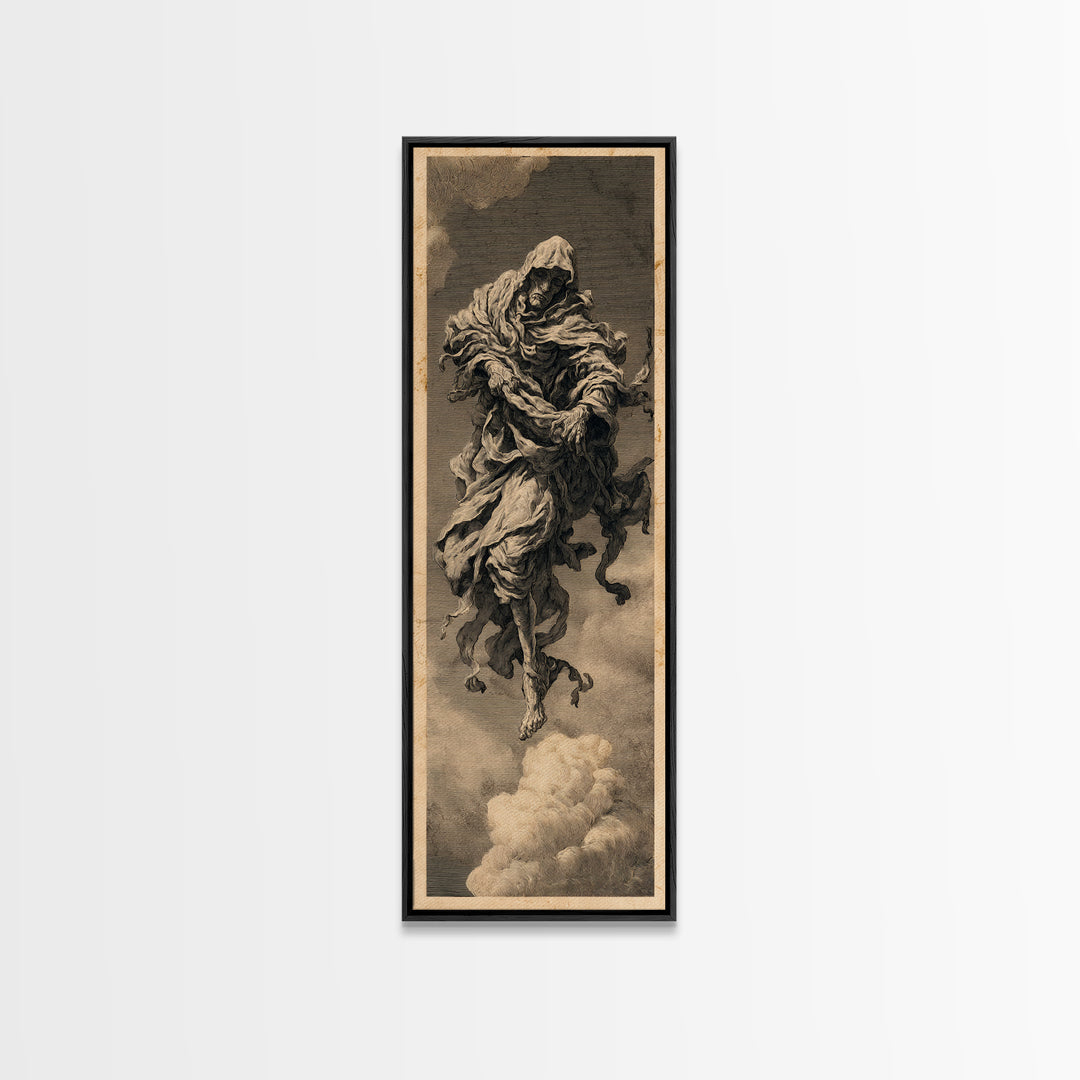 The Tattered Wraith, Architectural Etching Art, Tall Narrow Wall Art, Dark Halloween Decor, Framed Canvas Print