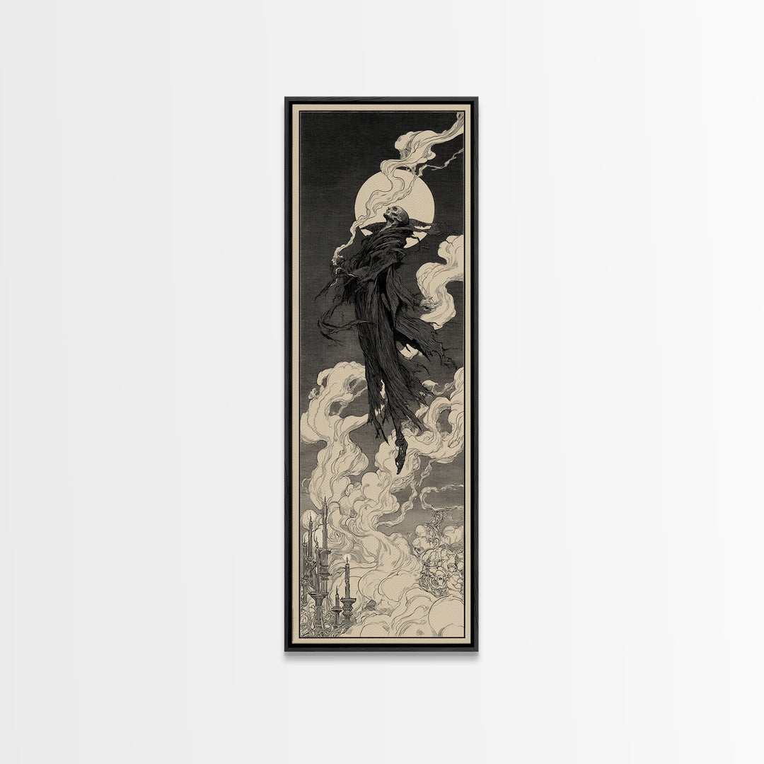 The Tattered Wraith, Decadent Line Art, Tall Narrow Wall Art, Dark Halloween Decor, Framed Canvas Print, Halloween Wall Art