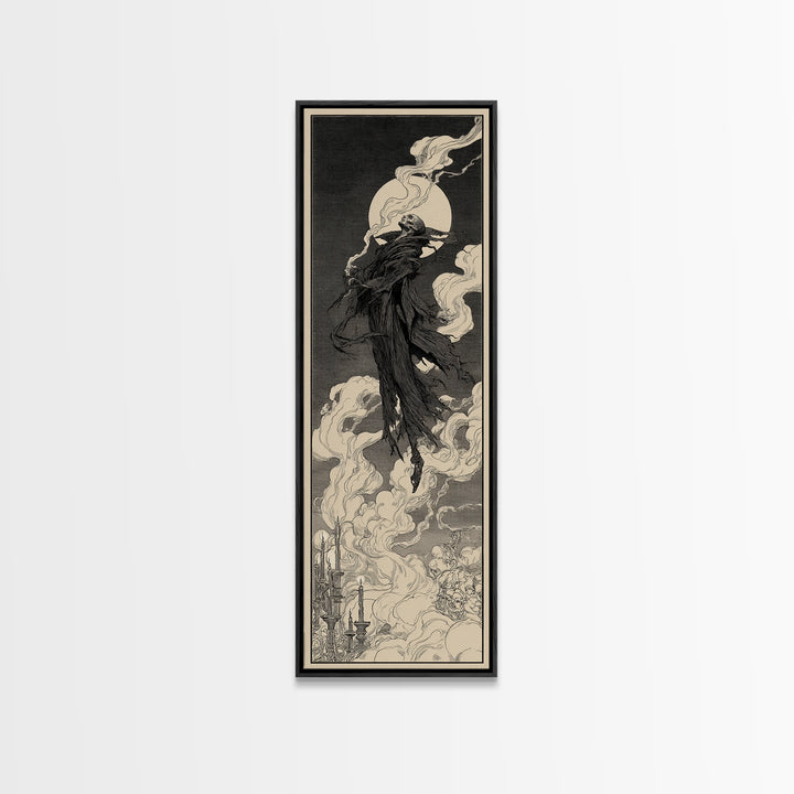 The Tattered Wraith, Decadent Line Art, Tall Narrow Wall Art, Dark Halloween Decor, Framed Canvas Print, Halloween Wall Art