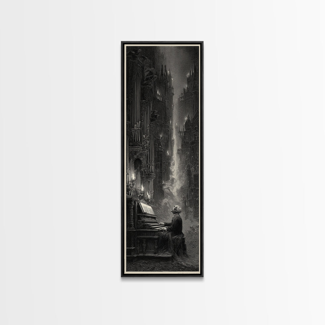 The Phantom Organist, Gothic Engraving Art, Tall Narrow Wall Art, Dark Fantasy Wall Art, Framed Canvas Print, Halloween Wall Art