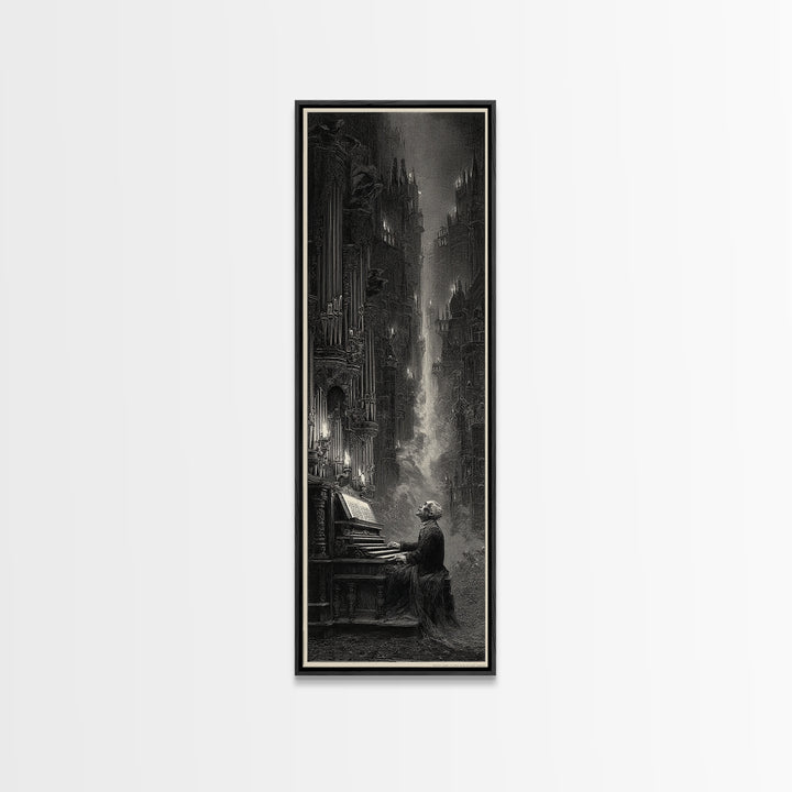 The Phantom Organist, Gothic Engraving Art, Tall Narrow Wall Art, Dark Fantasy Wall Art, Framed Canvas Print, Halloween Wall Art