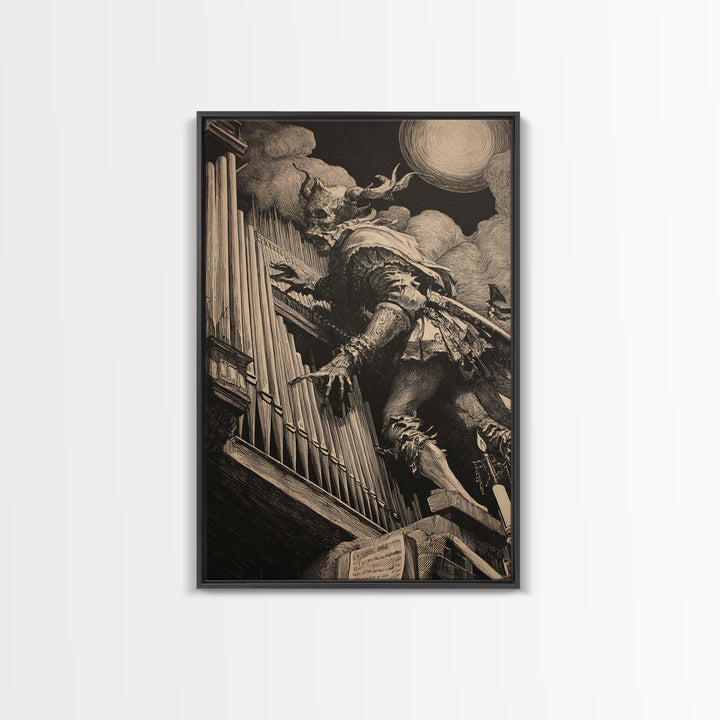 The Phantom Organist, Renaissance Engraving Art, Vertical Wall Art, Macabre Wall Art, Canvas Print, Halloween Wall Art, Statement Wall Art