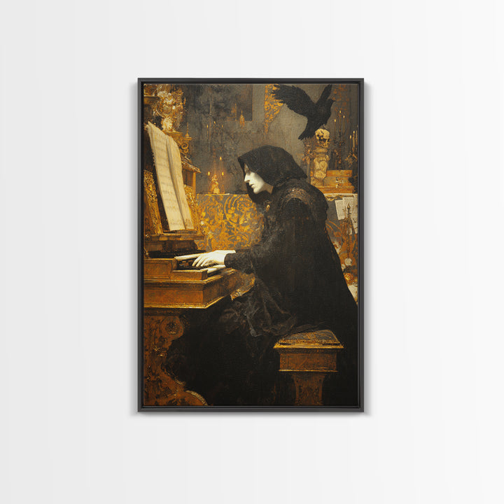 The Phantom Organist, Ornate Symbolist Art, Vertical Wall Art, Dark Fantasy Wall Art, Framed Canvas Print, Halloween Wall Art
