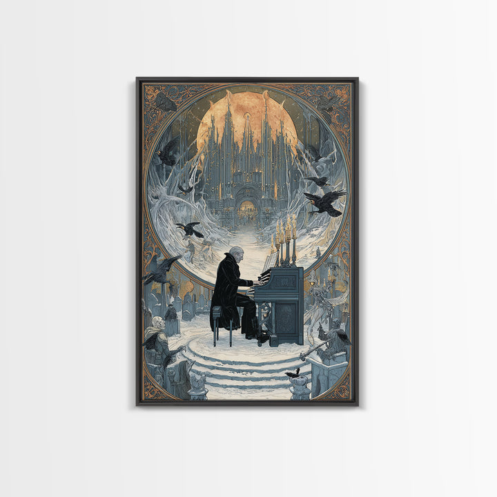The Phantom Organist, Symbolist Death Art, Vertical Wall Art, Dark Fantasy Wall Art, Framed Canvas Print, Halloween Wall Art