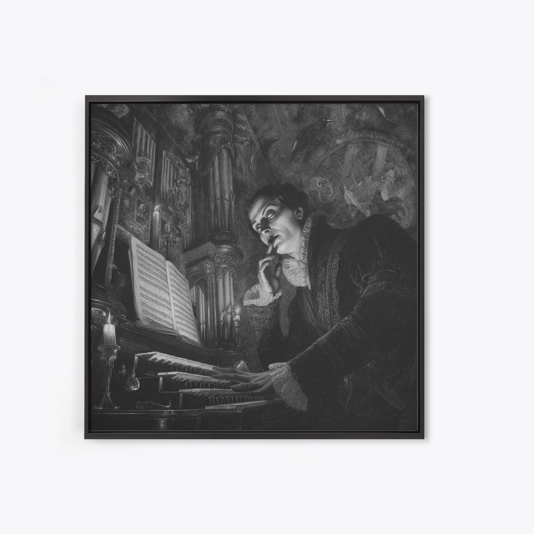 The Phantom Organist, Dark Symbolist Art, Square Wall Art, Dark Halloween Decor, Framed Canvas Print, Halloween Wall Art