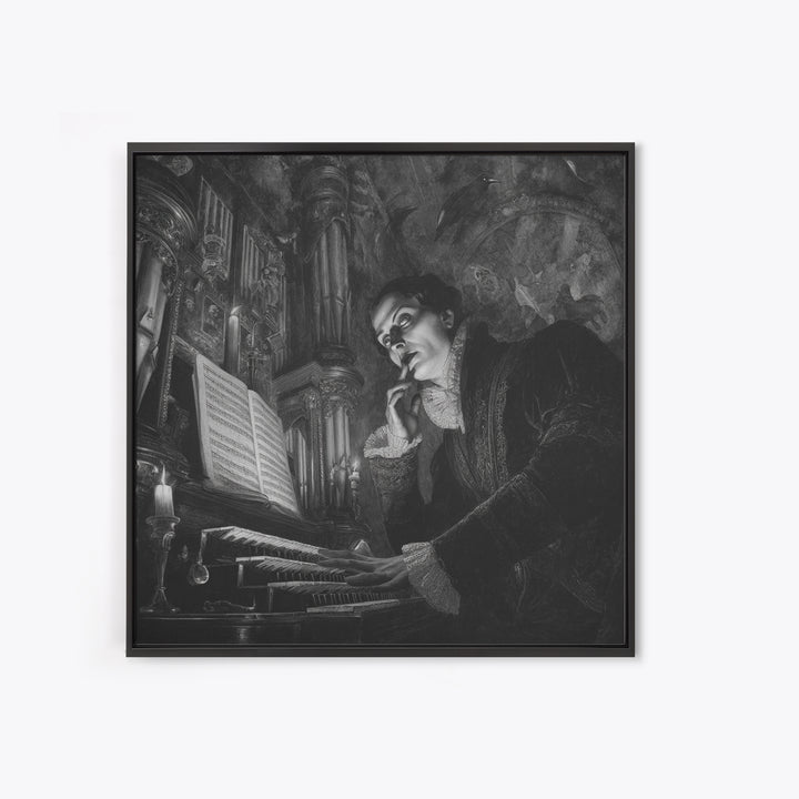 The Phantom Organist, Dark Symbolist Art, Square Wall Art, Dark Halloween Decor, Framed Canvas Print, Halloween Wall Art