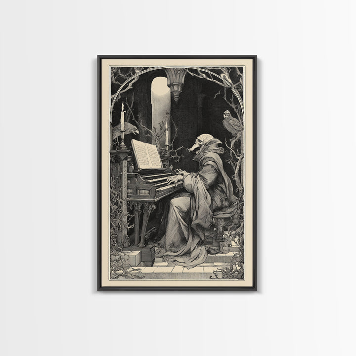 The Phantom Organist, Symbolist Etching Art, Vertical Wall Art, Dark Fantasy Wall Art, Framed Canvas Print, Halloween Wall Art