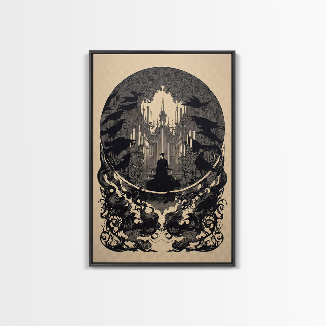 The Phantom Organist, Decadent Line Art, Vertical Wall Art, Gothic Horror Wall Art, Framed Canvas Print, Halloween Wall Art
