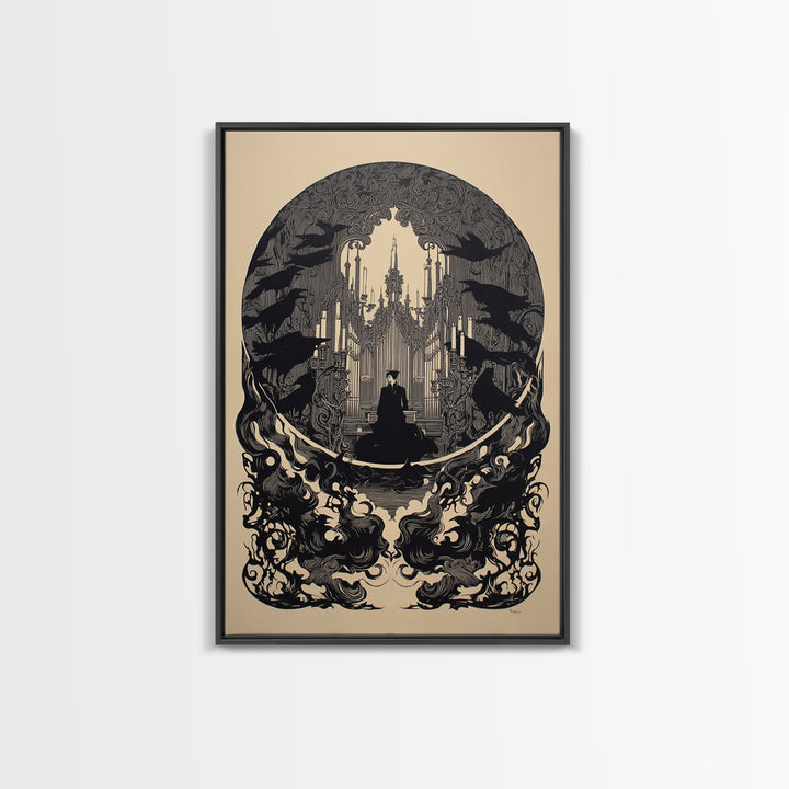The Phantom Organist, Decadent Line Art, Vertical Wall Art, Gothic Horror Wall Art, Framed Canvas Print, Halloween Wall Art