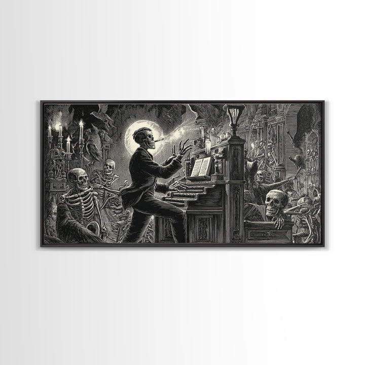 The Phantom Organist, Macabre Folk Print Art, Wide Panoramic Art, Dark Fantasy Wall Art, Framed Canvas Print, Halloween Wall Art