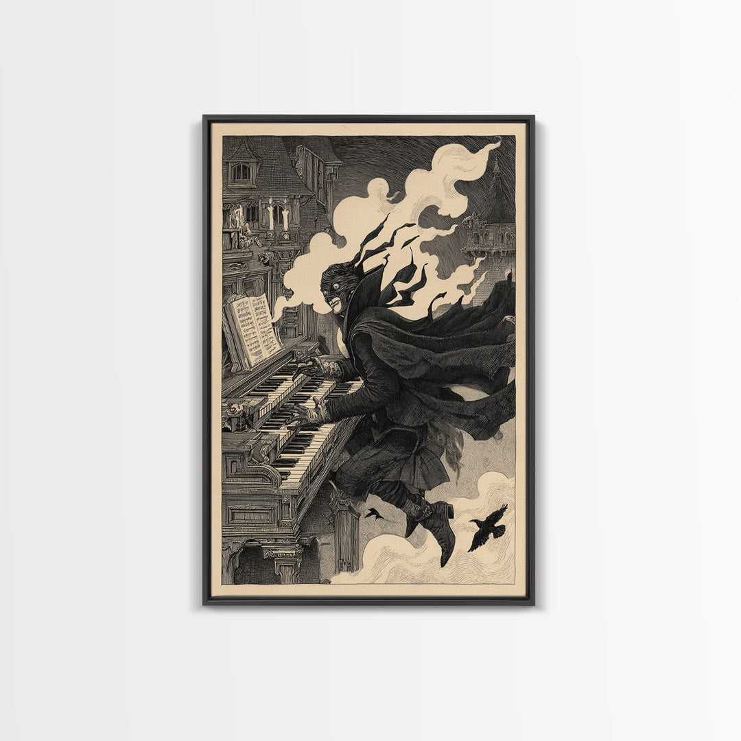 The Phantom Organist, Victorian Macabre Art, Vertical Wall Art, Gothic Horror Wall Art, Framed Canvas Print, Halloween Wall Art
