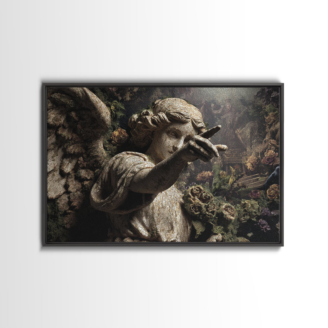 The Weeping Cemetery Angel, Medieval Grotesque Art, Landscape Wall Art, Dark Halloween Decor, Framed Canvas Print, Halloween Wall Art