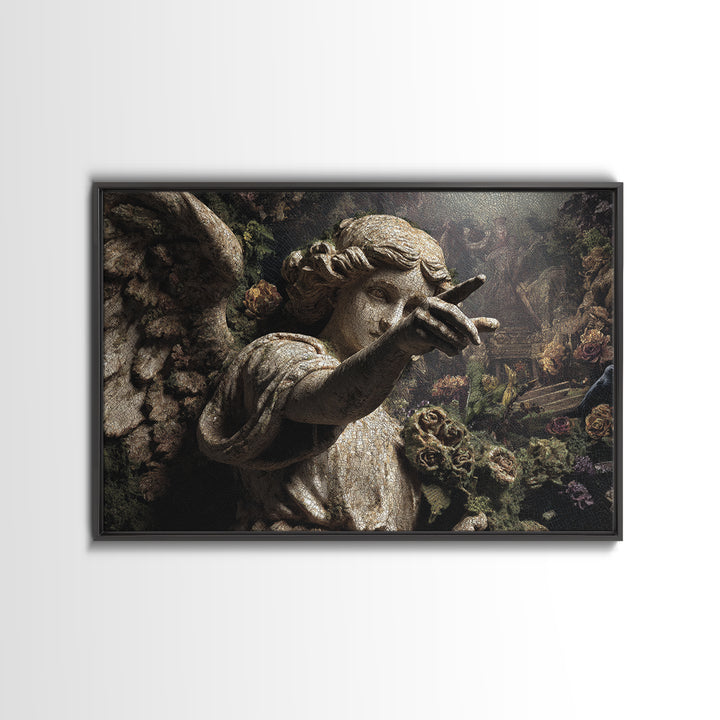 The Weeping Cemetery Angel, Medieval Grotesque Art, Landscape Wall Art, Dark Halloween Decor, Framed Canvas Print, Halloween Wall Art