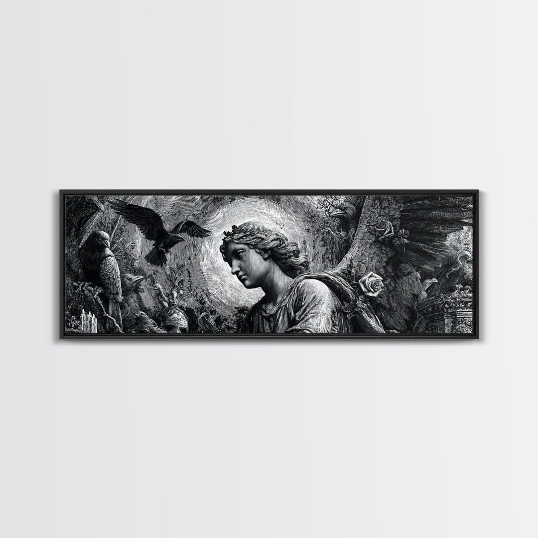 The Weeping Cemetery Angel, Renaissance Engraving Art, Extra Wide Wall Art, Dark Fantasy Wall Art, Canvas Print, Halloween Wall Art