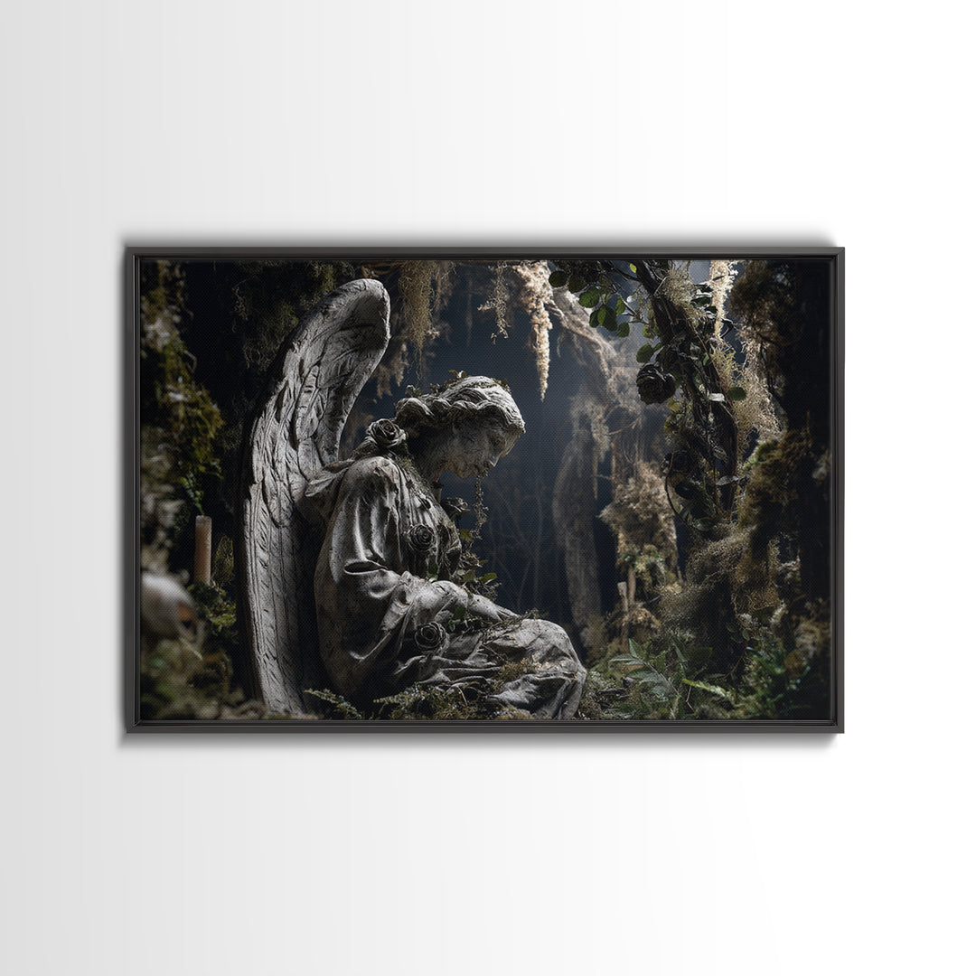 The Weeping Cemetery Angel, Baroque Witchcraft Art, Landscape Wall Art, Dark Halloween Decor, Canvas Print, Halloween Wall Art