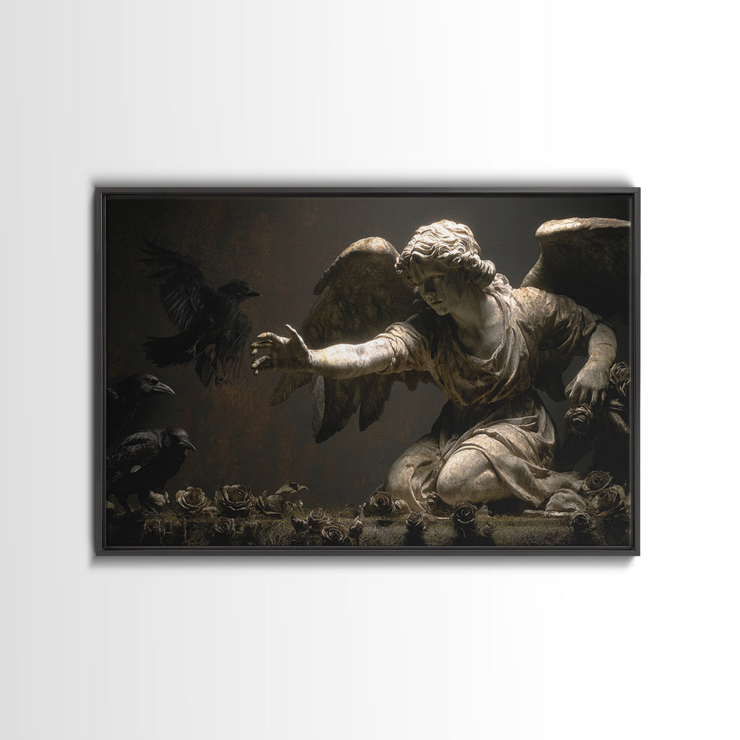 The Weeping Cemetery Angel, Dark Romantic Horror Art, Landscape Wall Art, Macabre Wall Art, Framed Canvas Print, Halloween Wall Art