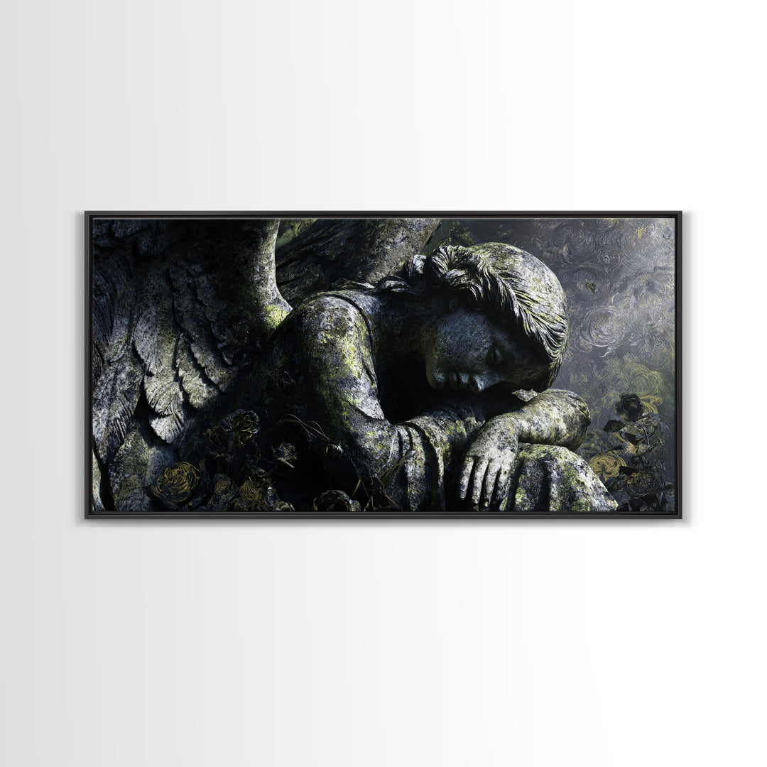 The Weeping Cemetery Angel, Visionary Gothic Art, Wide Panoramic Art, Macabre Wall Art, Framed Canvas Print, Halloween Wall Art