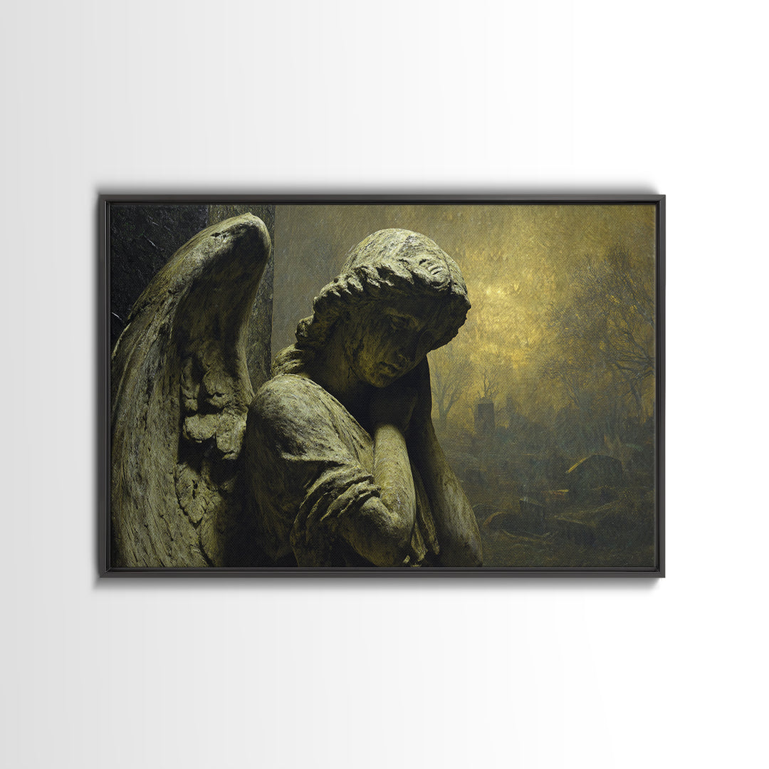 The Weeping Cemetery Angel, Romantic Gothic Landscape, Landscape Wall Art, Dark Fantasy Wall Art, Framed Canvas Print