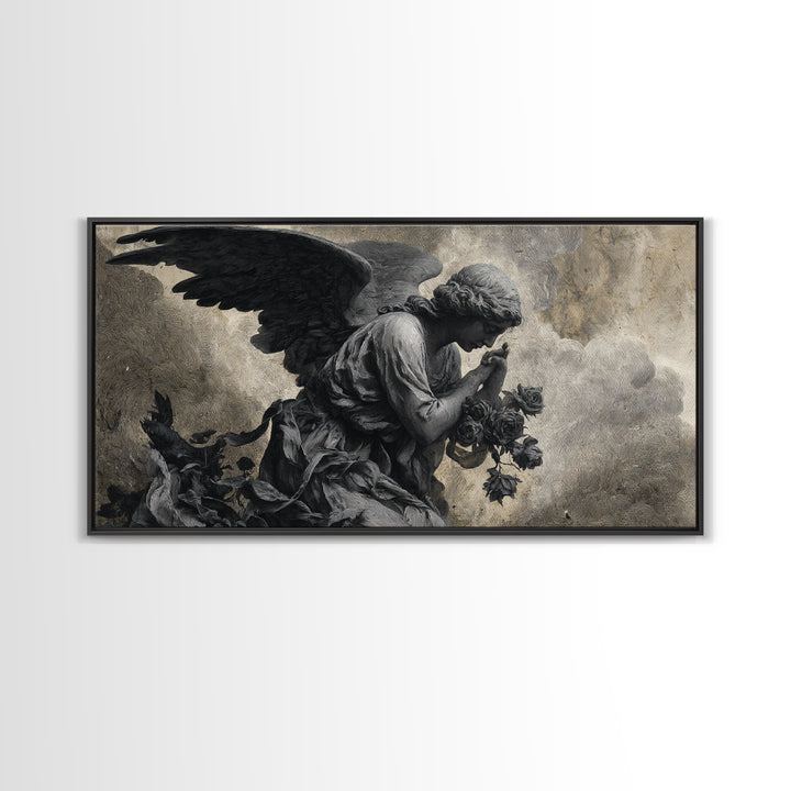 The Weeping Cemetery Angel, Expressionist Nightmare Art, Wide Panoramic Art, Gothic Horror Wall Art, Framed Canvas Print, Halloween Wall Art