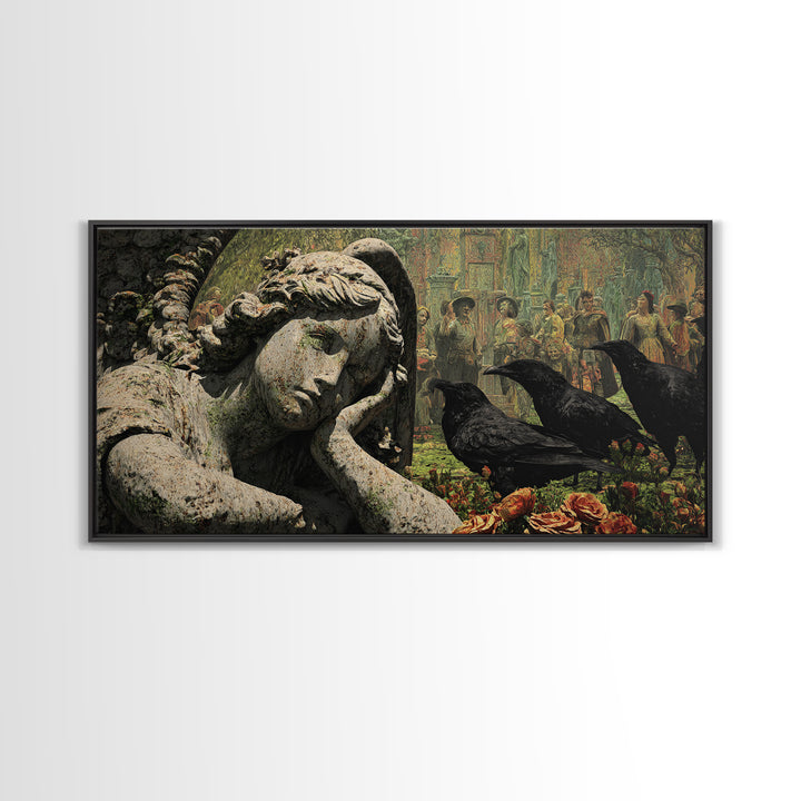 The Weeping Cemetery Angel, Grotesque Carnival Art, Wide Panoramic Art, Dark Halloween Decor, Framed Canvas Print, Halloween Wall Art