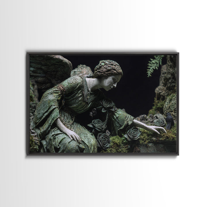 The Weeping Cemetery Angel, Stained Glass Gothic Art, Landscape Wall Art, Dark Fantasy Wall Art, Framed Canvas Print, Halloween Wall Art