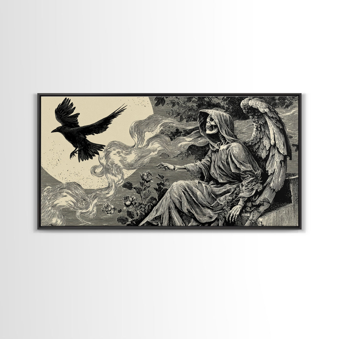 The Weeping Cemetery Angel, Macabre Folk Print Art, Wide Panoramic Art, Macabre Wall Art, Canvas Print, Halloween Wall Art