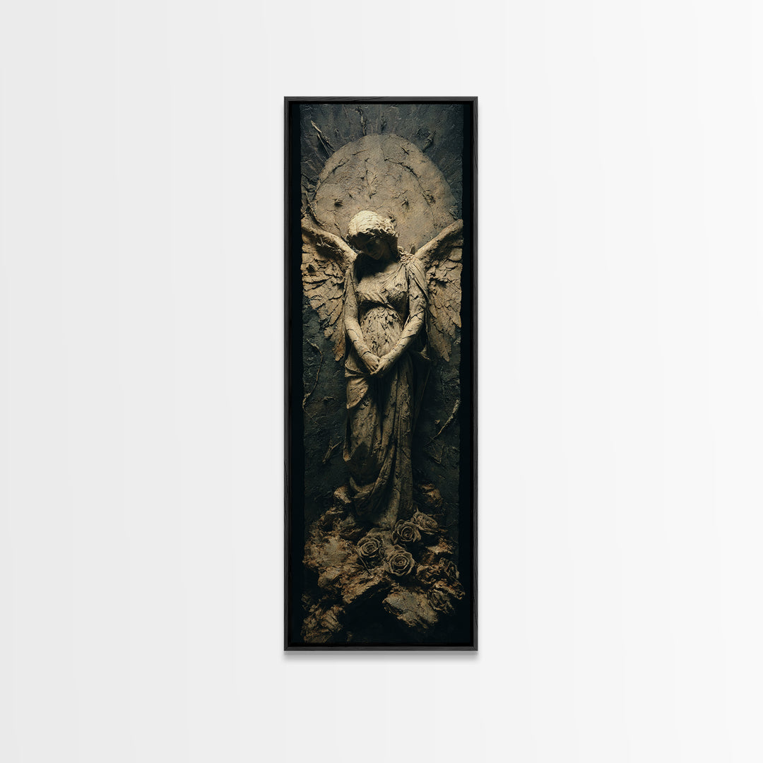 The Weeping Cemetery Angel, Surreal Apocalyptic Art, Tall Narrow Wall Art, Dark Halloween Decor, Framed Canvas Print