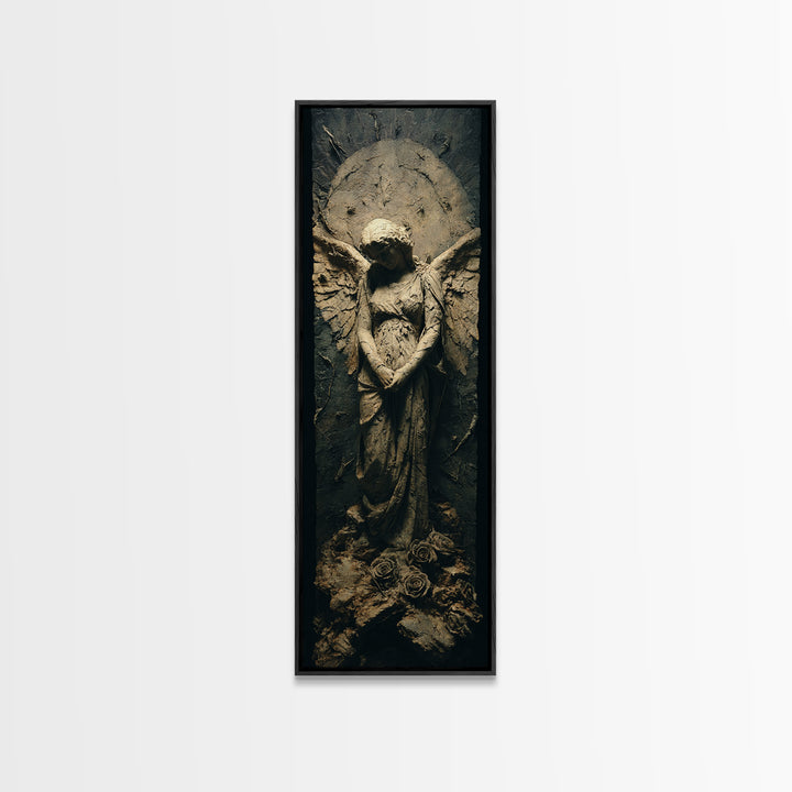 The Weeping Cemetery Angel, Surreal Apocalyptic Art, Tall Narrow Wall Art, Dark Halloween Decor, Framed Canvas Print