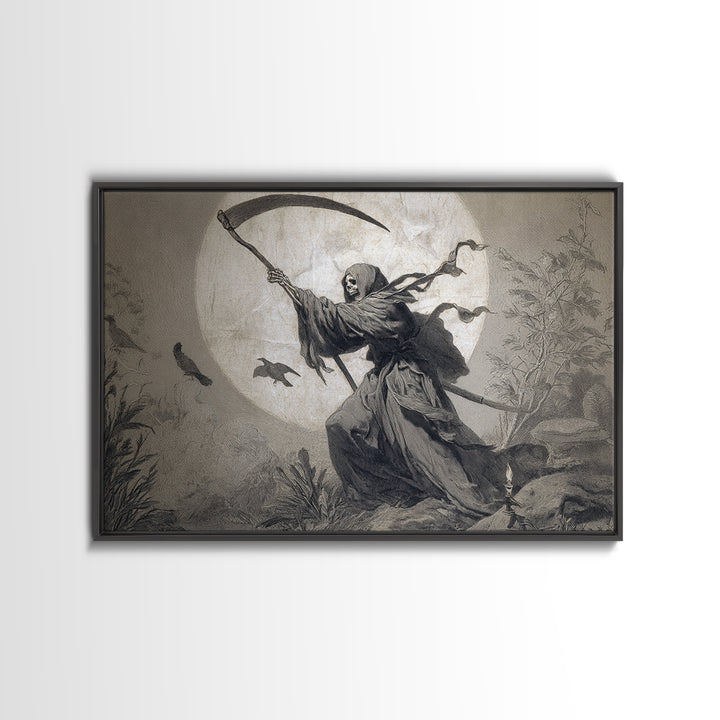 The Fog-Bound Reaper, Medieval Grotesque Art, Landscape Wall Art, Macabre Wall Art, Framed Canvas Print, Halloween Wall Art