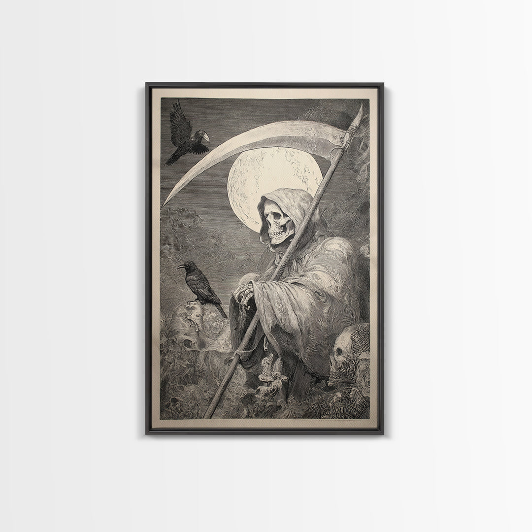 The Fog-Bound Reaper, Renaissance Engraving Art, Vertical Wall Art, Gothic Horror Wall Art, Canvas Print, Halloween Wall Art