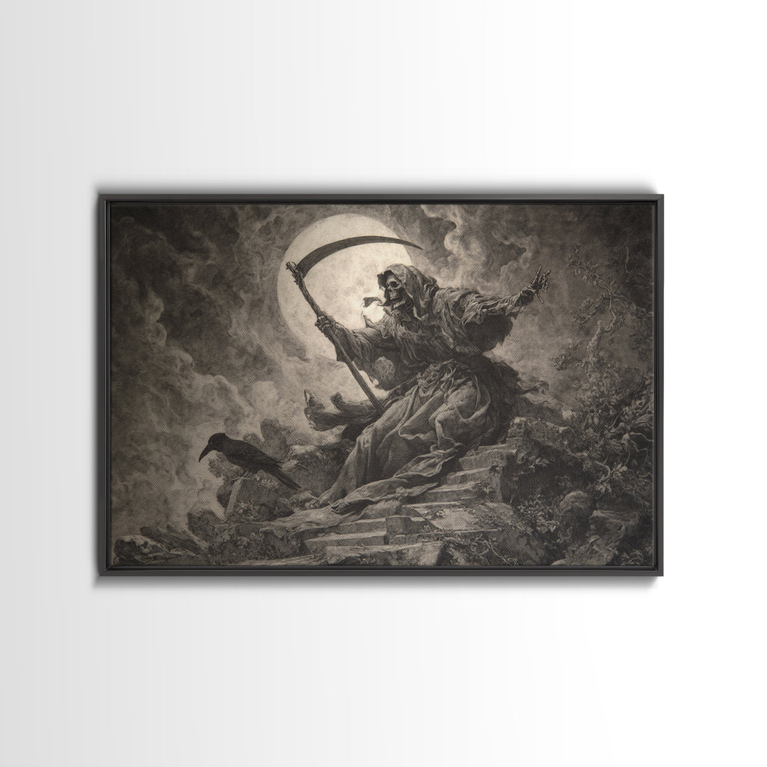 The Fog-Bound Reaper, Baroque Witchcraft Art, Landscape Wall Art, Dark Fantasy Wall Art, Framed Canvas Print, Halloween Wall Art