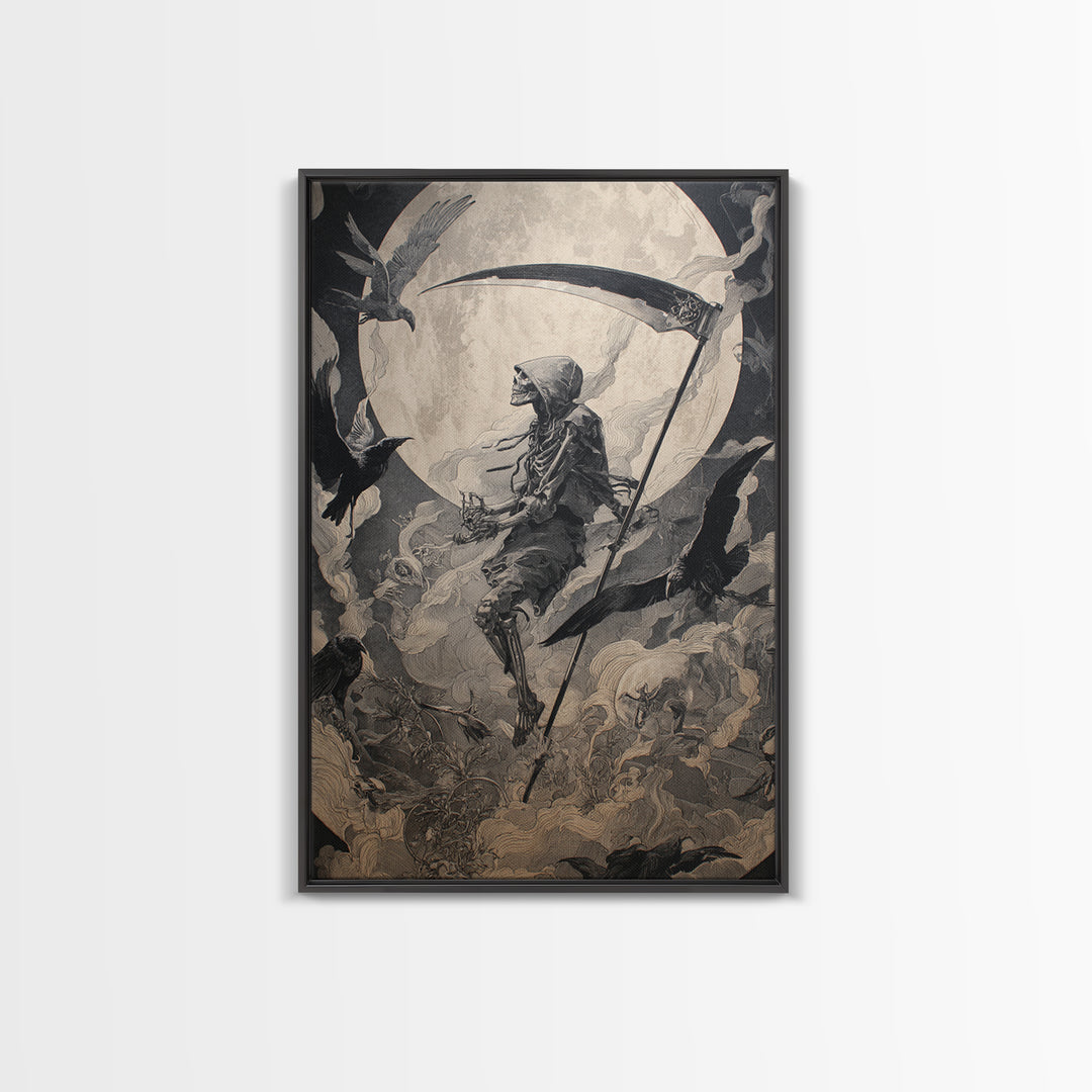 The Fog-Bound Reaper, Ornate Symbolist Art, Vertical Wall Art, Gothic Horror Wall Art, Canvas Print, Halloween Wall Art