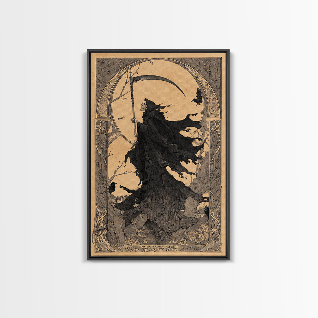The Fog-Bound Reaper, Decadent Line Art, Vertical Wall Art, Gothic Horror Wall Art, Canvas Print, Halloween Wall Art