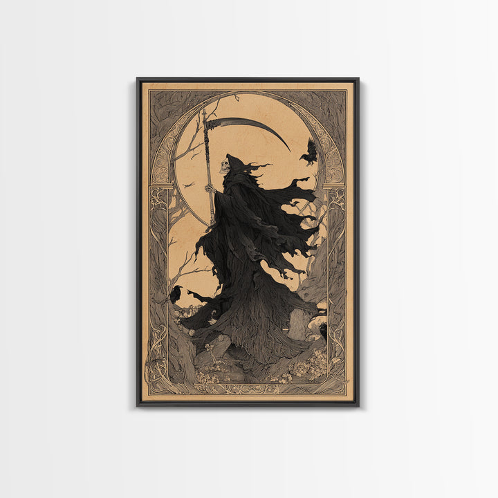 The Fog-Bound Reaper, Decadent Line Art, Vertical Wall Art, Gothic Horror Wall Art, Canvas Print, Halloween Wall Art