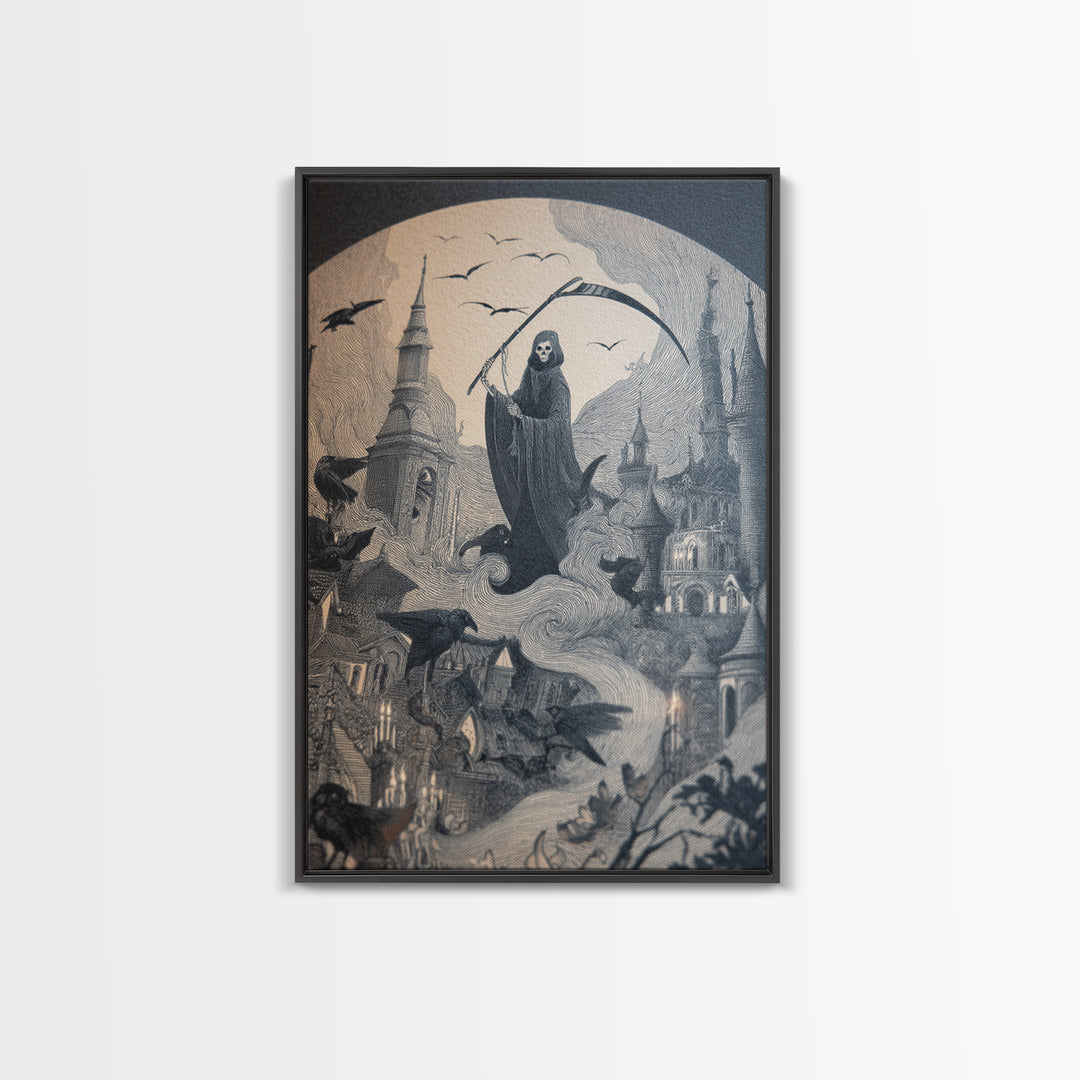 The Fog-Bound Reaper, Victorian Macabre Art, Vertical Wall Art, Dark Halloween Decor, Canvas Print, Halloween Wall Art, Dark Fantasy Art