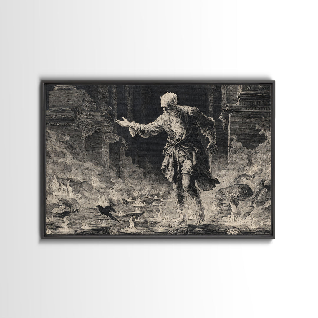 The Candlewax Man, Architectural Etching Art, Landscape Wall Art, Macabre Wall Art, Framed Canvas Print, Halloween Wall Art