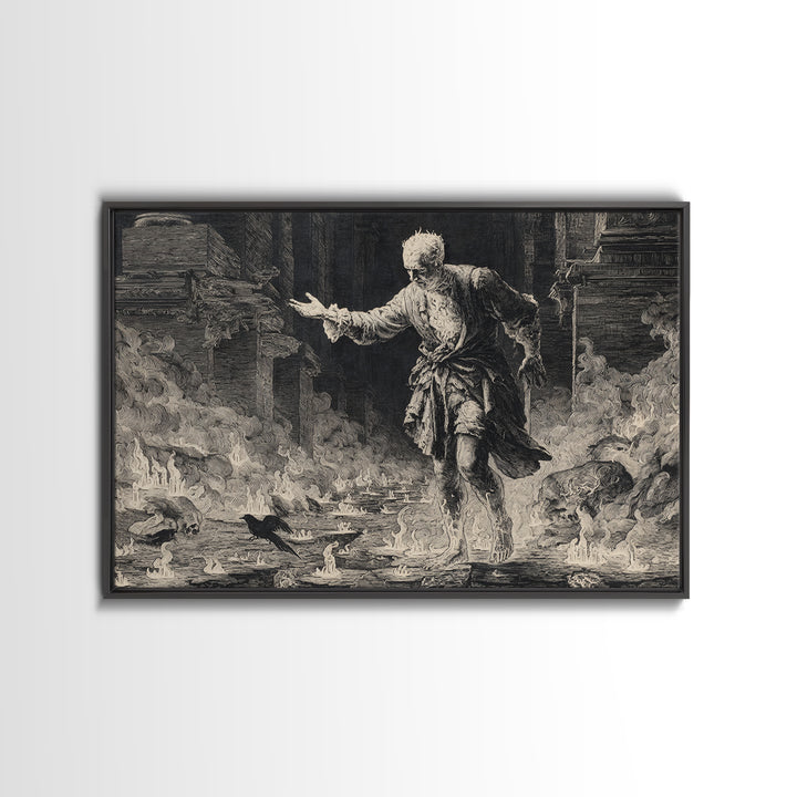 The Candlewax Man, Architectural Etching Art, Landscape Wall Art, Macabre Wall Art, Framed Canvas Print, Halloween Wall Art