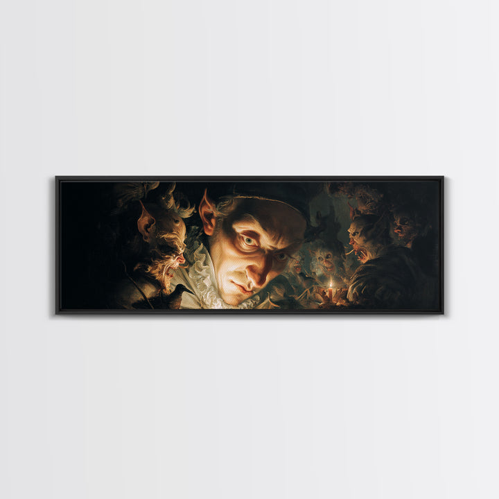 The Mirror Spirit, Medieval Grotesque Art, Extra Wide Wall Art, Dark Halloween Decor, Framed Canvas Print, Halloween Wall Art