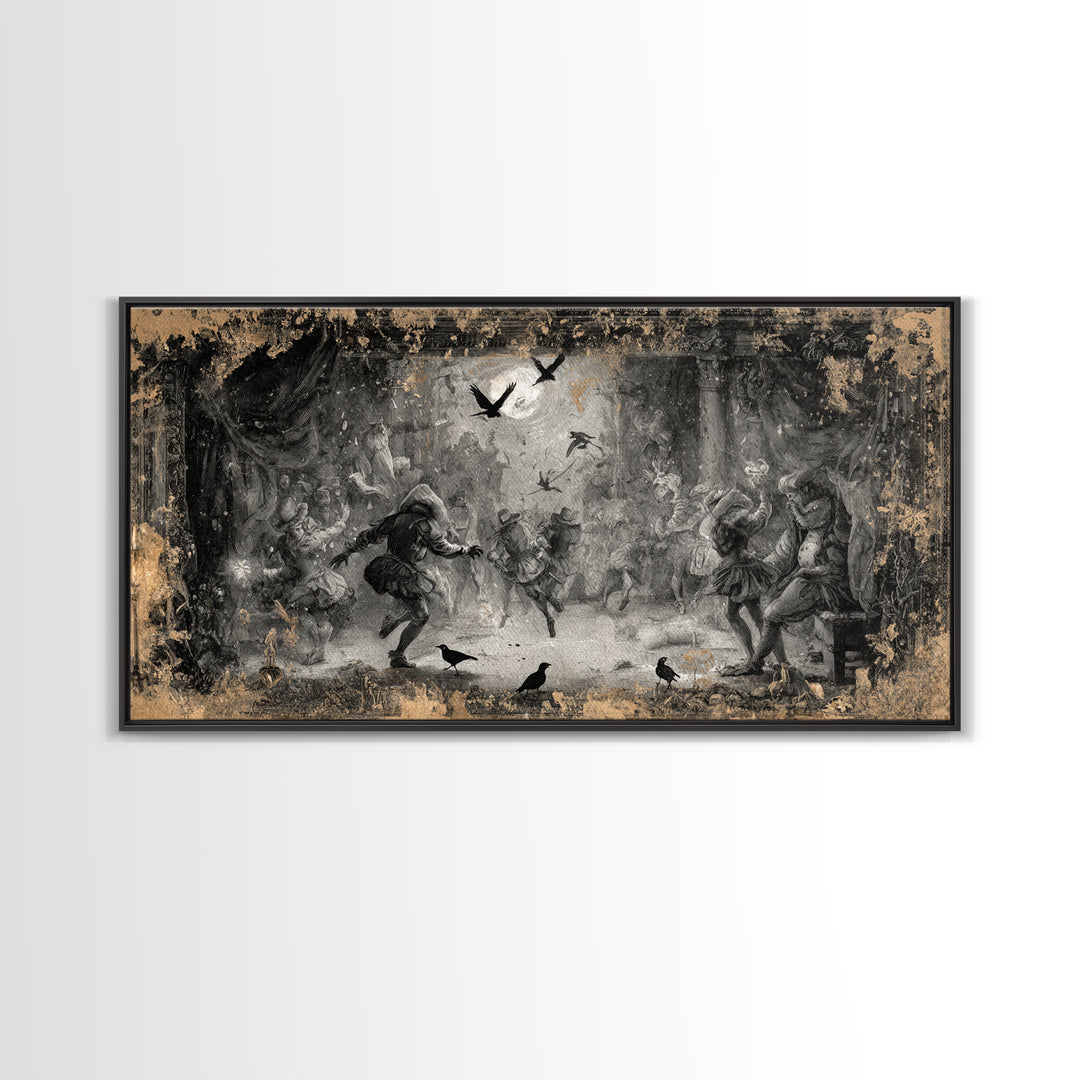 The Mirror Spirit, Northern Renaissance Horror, Wide Panoramic Art, Dark Halloween Decor, Canvas Print, Halloween Wall Art