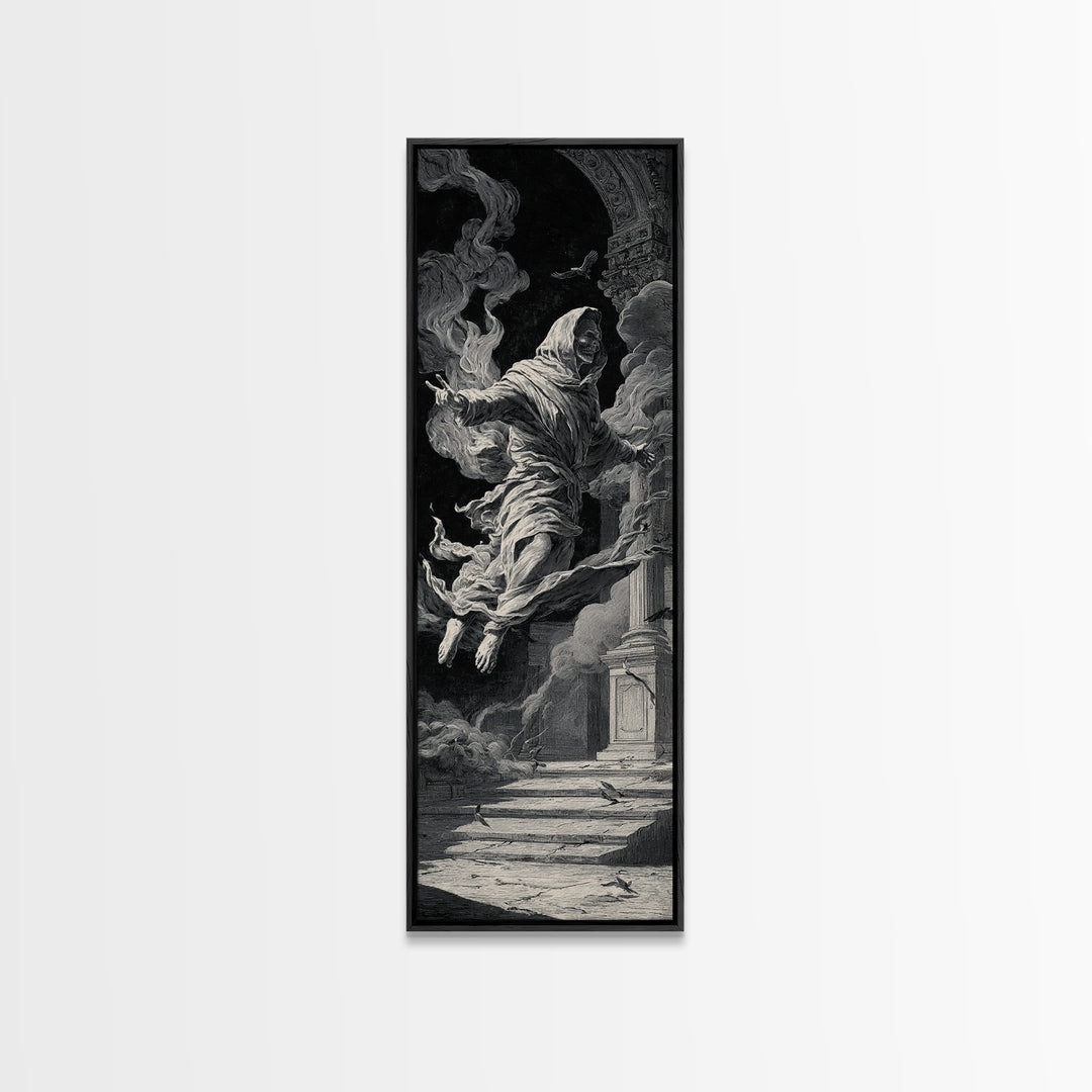 The Mirror Spirit, Architectural Etching Art, Tall Narrow Wall Art, Dark Halloween Decor, Canvas Print, Halloween Wall Art