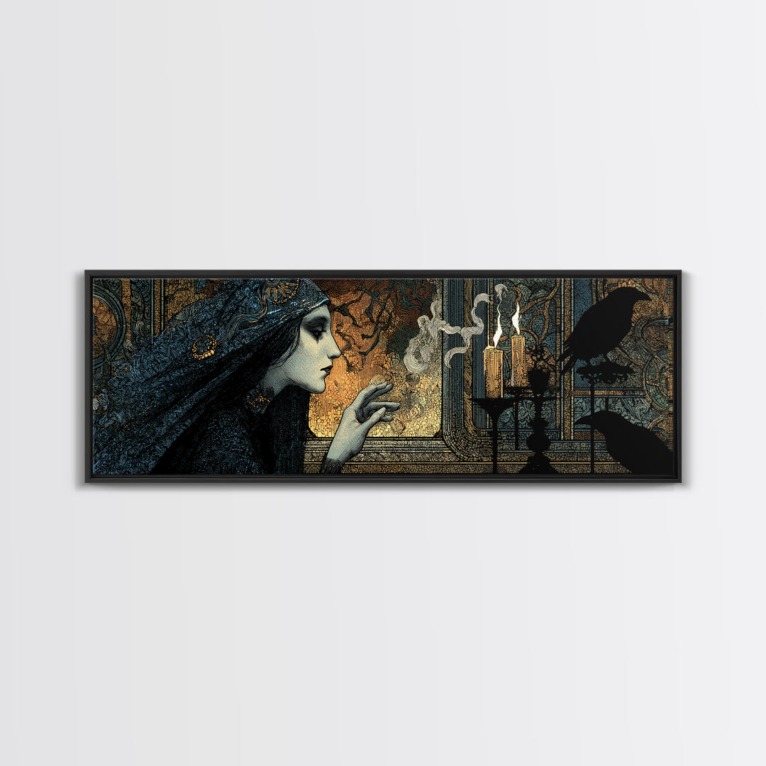 The Mirror Spirit, Stained Glass Gothic Art, Extra Wide Wall Art, Dark Halloween Decor, Framed Canvas Print, Halloween Wall Art