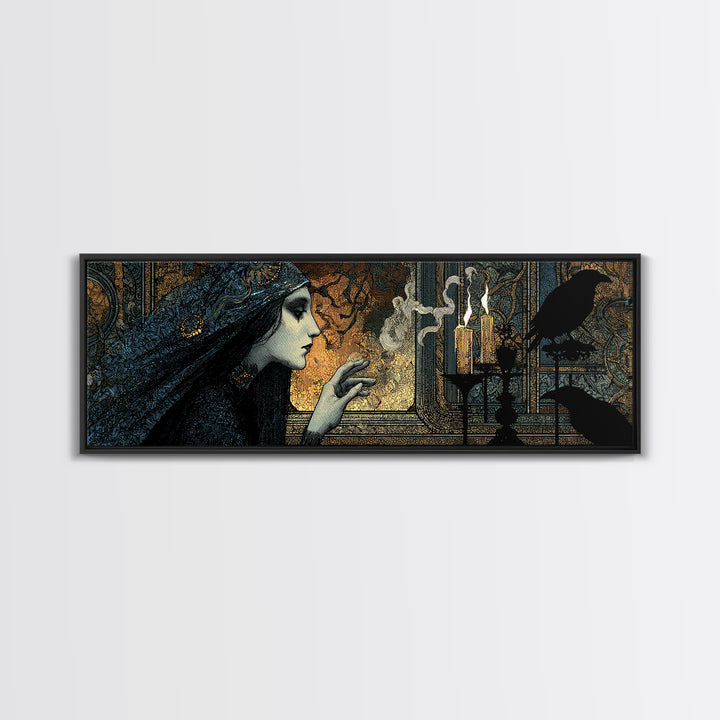 The Mirror Spirit, Stained Glass Gothic Art, Extra Wide Wall Art, Dark Halloween Decor, Framed Canvas Print, Halloween Wall Art