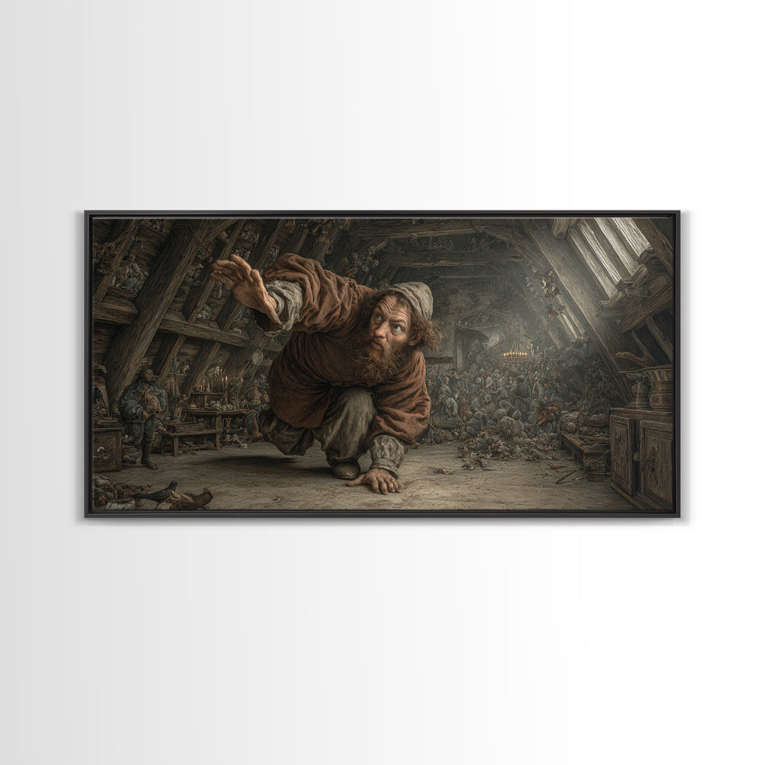 The Attic Whisperer, Northern Renaissance Horror, Wide Panoramic Art, Dark Fantasy Wall Art, Framed Canvas Print