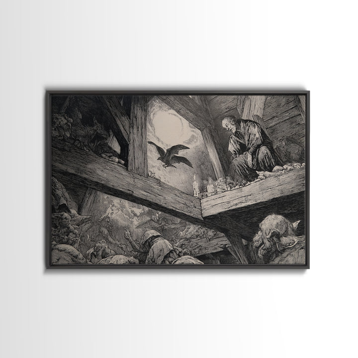 The Attic Whisperer, Renaissance Engraving Art, Landscape Wall Art, Macabre Wall Art, Canvas Print, Halloween Wall Art, Spooky Wall Decor