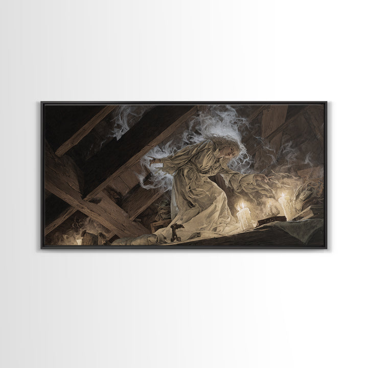 The Attic Whisperer, Visionary Gothic Art, Wide Panoramic Art, Dark Fantasy Wall Art, Framed Canvas Print, Halloween Wall Art