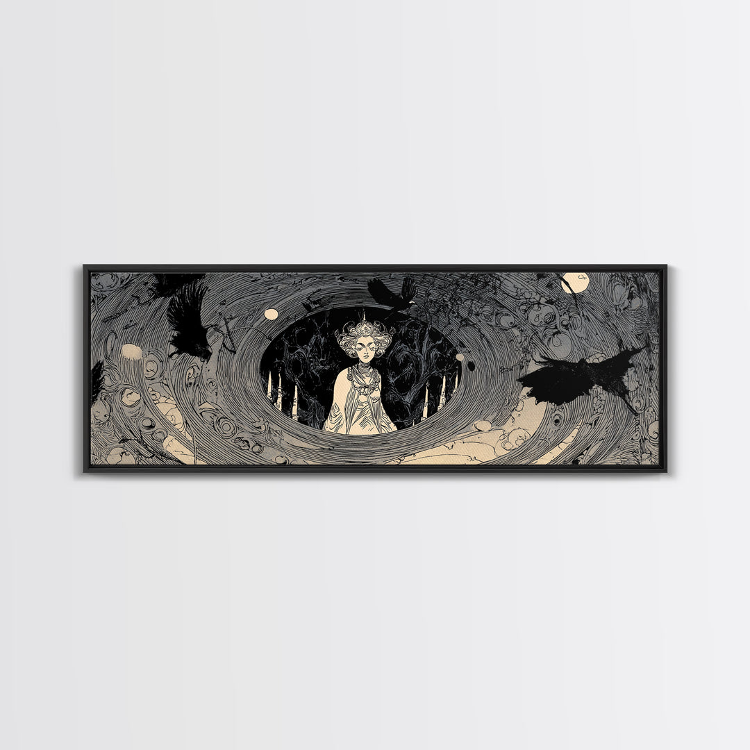 The Attic Whisperer, Decadent Line Art, Extra Wide Wall Art, Macabre Wall Art, Framed Canvas Print, Halloween Wall Art