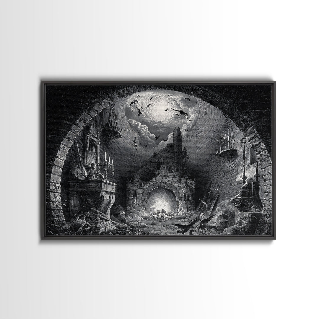 The Chimney Phantom, Architectural Etching Art, Landscape Wall Art, Dark Fantasy Wall Art, Framed Canvas Print