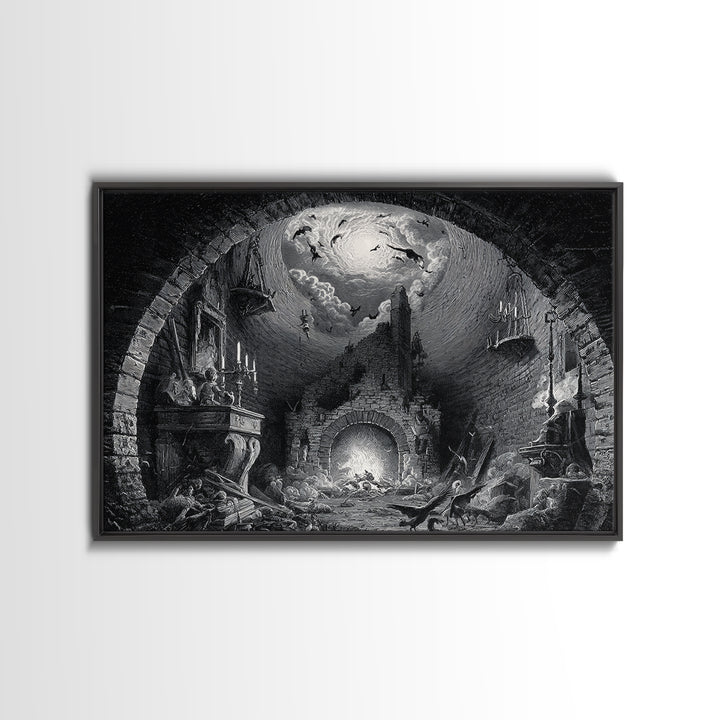 The Chimney Phantom, Architectural Etching Art, Landscape Wall Art, Dark Fantasy Wall Art, Framed Canvas Print