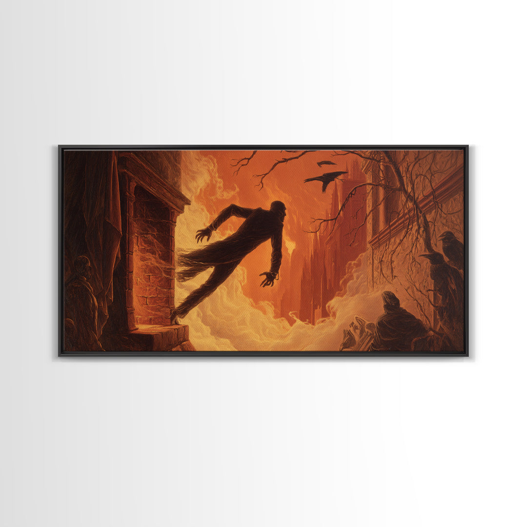 The Chimney Phantom, Apocalyptic Romantic Art, Wide Panoramic Art, Macabre Wall Art, Framed Canvas Print, Halloween Wall Art